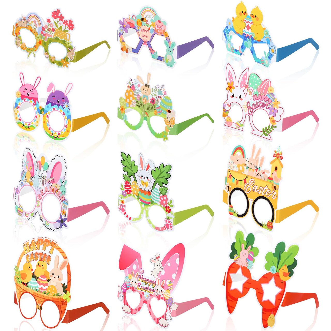 36 Pcs Happy Easter Party Paper Glasses Frame Bulk 7 Inch Easter Glasses Bunny Ears Chick Eggs Decoration Photo Booth Props Basket Stuffers for Adult Eyeglasses Party Favor